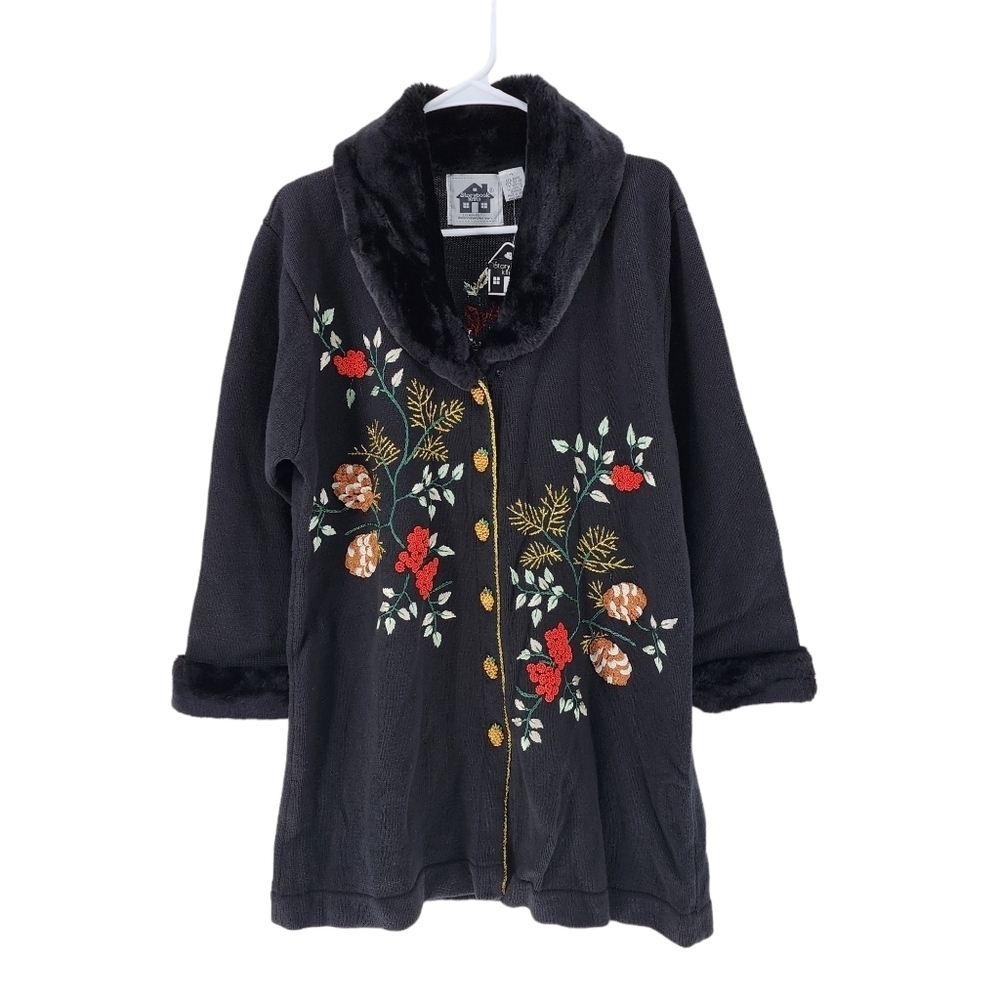 Storybook Knits Vintage Women's Embroidered Fur Coat Pinecone Sweater Cardigan